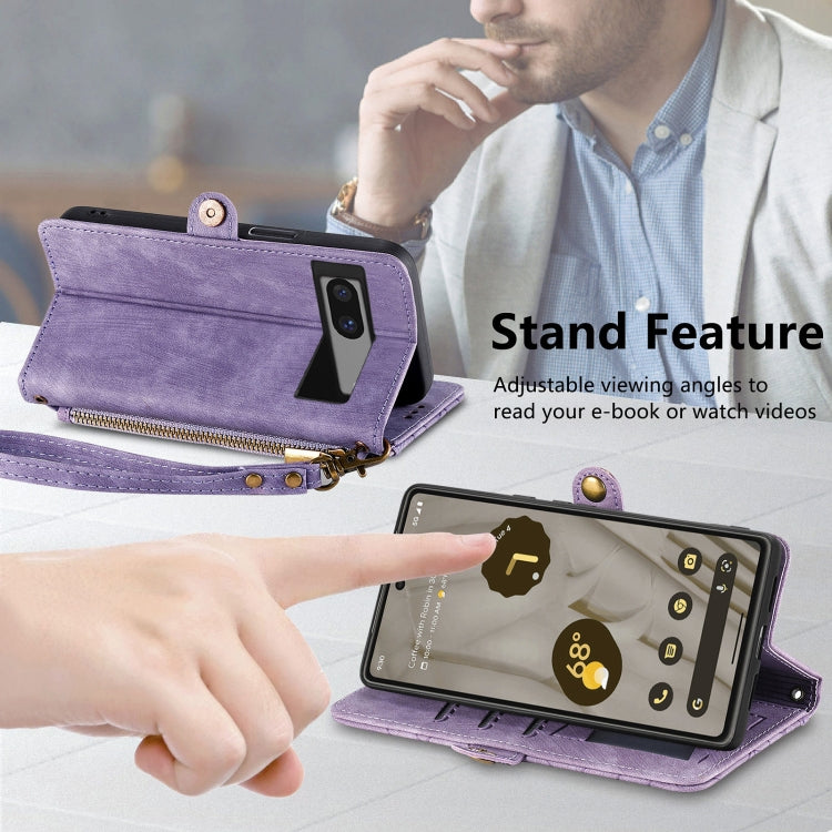 For Google Pixel 7 Pro Geometric Zipper Wallet Side Buckle Leather Phone Case(Purple) - Google Cases by buy2fix | Online Shopping UK | buy2fix