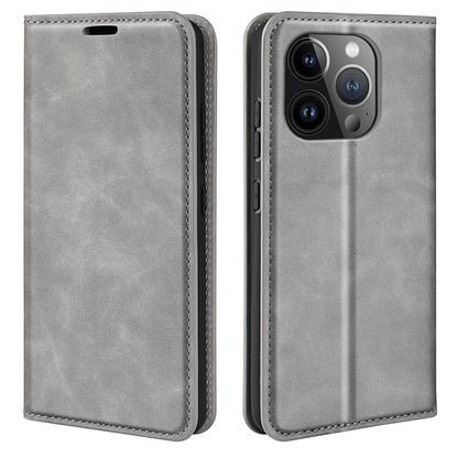 For iPhone 15 Pro Retro-skin  Magnetic Suction Leather Phone Case(Grey) - iPhone 15 Pro Cases by buy2fix | Online Shopping UK | buy2fix