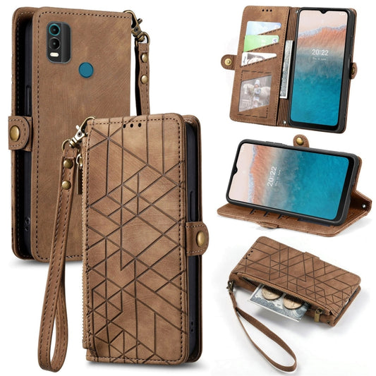 For Nokia C21 Plus Geometric Zipper Wallet Side Buckle Leather Phone Case(Brown) - Nokia Cases by buy2fix | Online Shopping UK | buy2fix