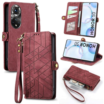 For Honor 50 Geometric Zipper Wallet Side Buckle Leather Phone Case(Red) - Honor Cases by buy2fix | Online Shopping UK | buy2fix