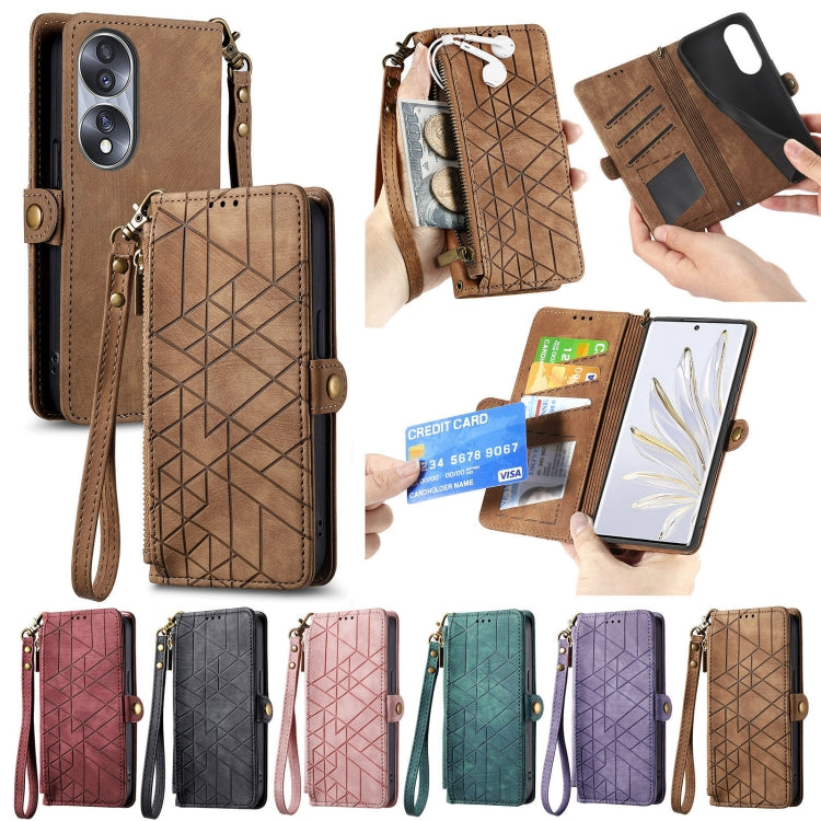 For Honor X8A Geometric Zipper Wallet Side Buckle Leather Phone Case(Brown) - Honor Cases by buy2fix | Online Shopping UK | buy2fix