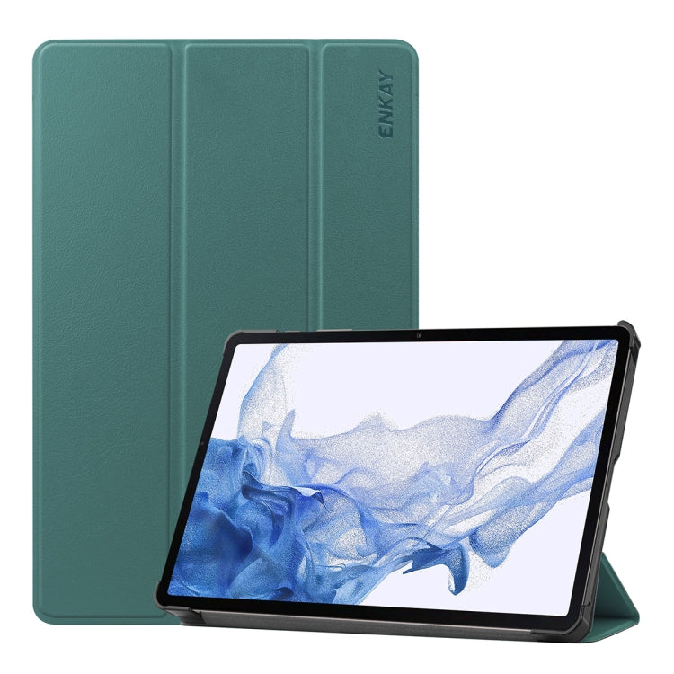 For Samsung Galaxy Tab S9 ENKAY Tri-fold Custer Texture Leather Smart Tablet Case(Dark Green) - Galaxy Tab S9 Cases by ENKAY | Online Shopping UK | buy2fix