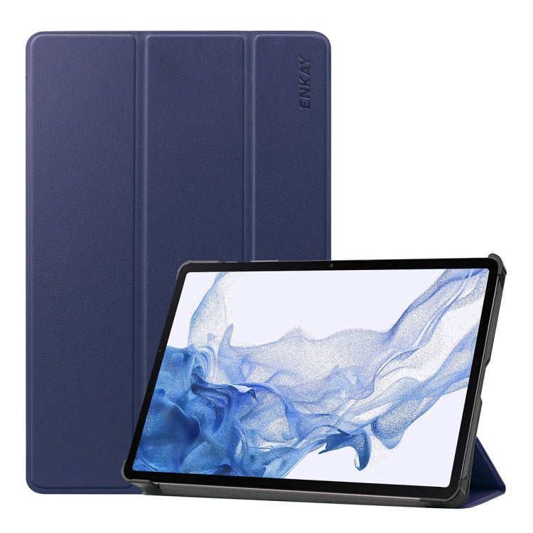 For Samsung Galaxy Tab S9 ENKAY Tri-fold Custer Texture Leather Smart Tablet Case(Dark Blue) - Galaxy Tab S9 Cases by ENKAY | Online Shopping UK | buy2fix