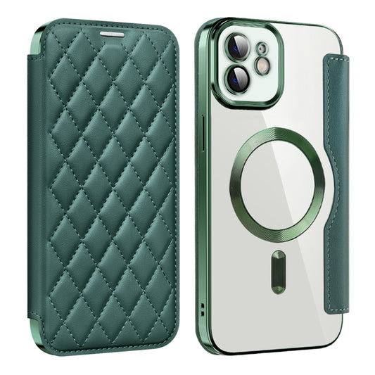 For iPhone 12 Shield Magsafe RFID Anti-theft Rhombus Leather Phone Case(Green) - iPhone 12 / 12 Pro Cases by buy2fix | Online Shopping UK | buy2fix