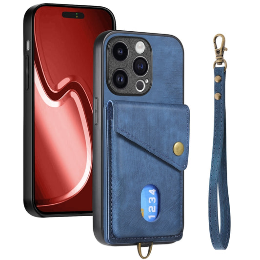 For iPhone 15 Pro Max Retro Card Wallet Fold Leather Phone Case with Strap(Blue) - iPhone 15 Pro Max Cases by buy2fix | Online Shopping UK | buy2fix