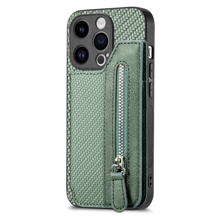 For iPhone 15 Pro Max Carbon Fiber Horizontal Flip Zipper Wallet Phone Case(Green) - iPhone 15 Pro Max Cases by buy2fix | Online Shopping UK | buy2fix