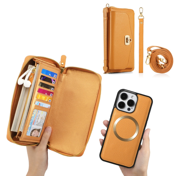 For iPhone 15 Pro MagSafe Crossbody Multi-functional Zipper Wallet Litchi Leather Phone Case(Orange) - iPhone 15 Pro Cases by buy2fix | Online Shopping UK | buy2fix