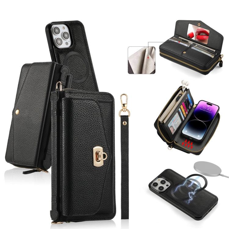 For iPhone 14 Pro Max MagSafe Crossbody Multi-functional Zipper Wallet Litchi Leather Phone Case(Black) - iPhone 14 Pro Max Cases by buy2fix | Online Shopping UK | buy2fix