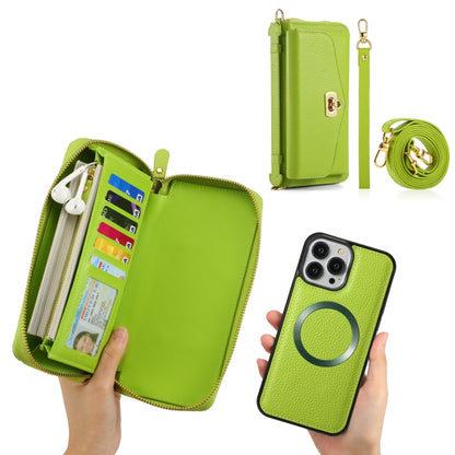 For iPhone 13 MagSafe Crossbody Multi-functional Zipper Wallet Litchi Leather Phone Case(Green) - iPhone 13 Cases by buy2fix | Online Shopping UK | buy2fix