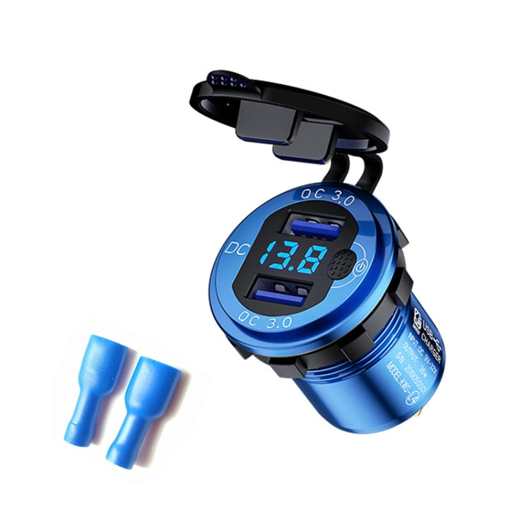 Aluminum Alloy Double QC3.0 Fast Charge With Button Switch Car USB Charger Waterproof Car Charger Specification: Blue Shell Blue Light With Terminal - In Car by buy2fix | Online Shopping UK | buy2fix