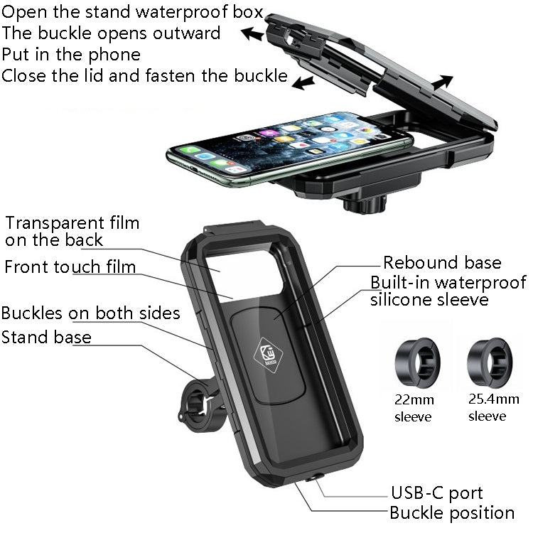 Kewig Bicycle Motorcycle Waterproof Box Mobile Phone Bracket Riding Touch Mobile Phone Fixed Seat(M18L-B1 Large Handlebar Installation) - Holder by buy2fix | Online Shopping UK | buy2fix