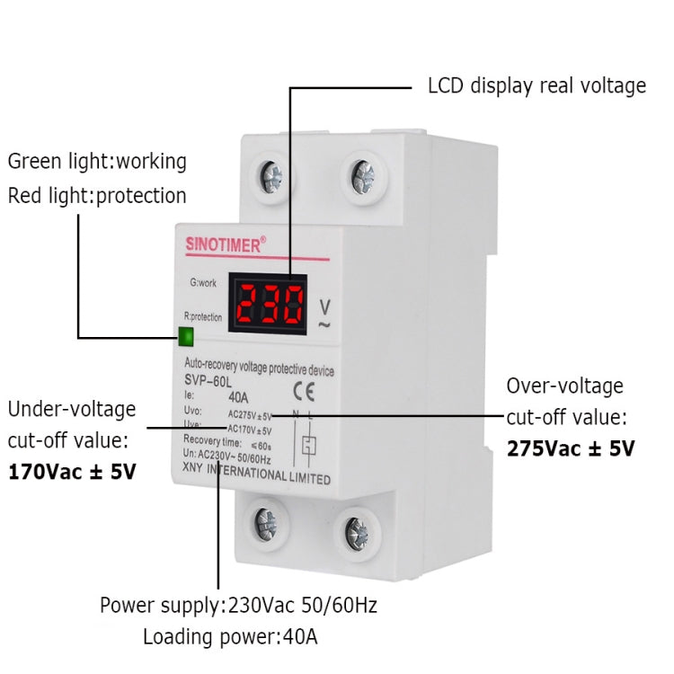 SINOTIMER 220V LED Digital Display Delay Automatic Reset Under-voltage Protector(SVP-60L) - Consumer Electronics by SINOTIMER | Online Shopping UK | buy2fix