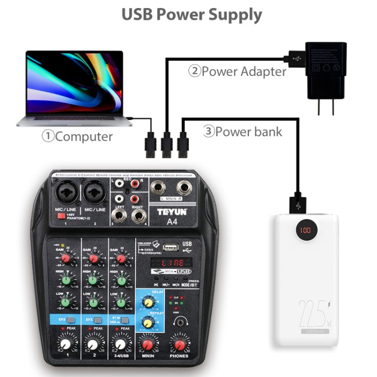 TEYUN A4 4-way Small Microphone Digital Mixer Live Recording Effector(EU Plug) - Consumer Electronics by TEYUN | Online Shopping UK | buy2fix