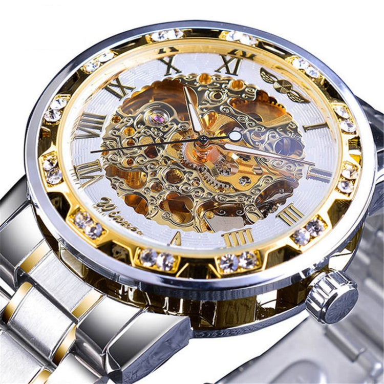 Winner Leisure Skeleton Diamond Luminous Pointer Watch Men Manual Mechanical Watch(Silver Belt Gold Shell White Face) - Metal Strap Watches by Winner | Online Shopping UK | buy2fix