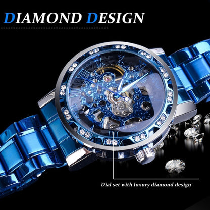 Winner Leisure Skeleton Diamond Luminous Pointer Watch Men Manual Mechanical Watch(Silver Belt Blue Circle Blue Face) - Metal Strap Watches by Winner | Online Shopping UK | buy2fix