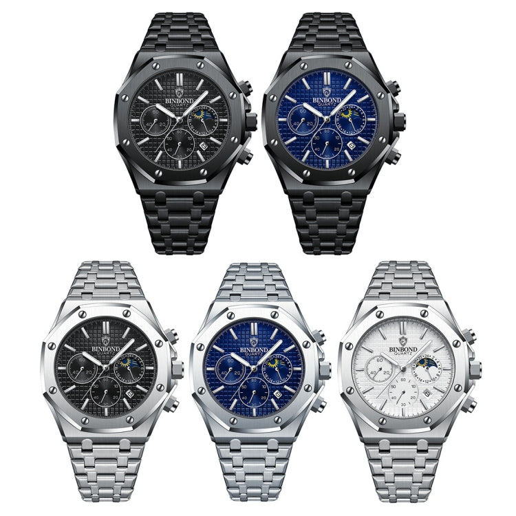 BINBOND B0161 Multifunctional Luminous Waterproof Business Quartz Watch, Color: White Steel-White - Metal Strap Watches by BINBOND | Online Shopping UK | buy2fix