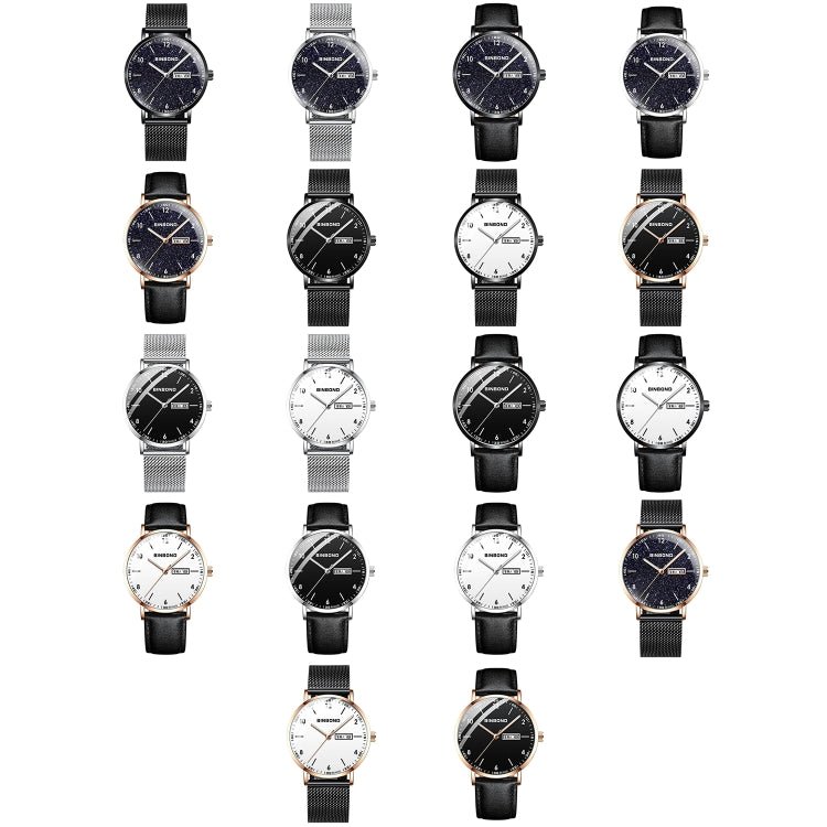 BINBOND B3820 30M Waterproof Ultra-thin Quartz Luminous Starry Watch, Color: Black Leather-White-Black - Metal Strap Watches by BINBOND | Online Shopping UK | buy2fix