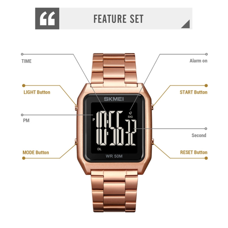 SKMEI 1879 Square Large Screen Men Steel Belt Multi-function EL Luminous Watch, Color: Rose Gold - Metal Strap Watches by SKMEI | Online Shopping UK | buy2fix