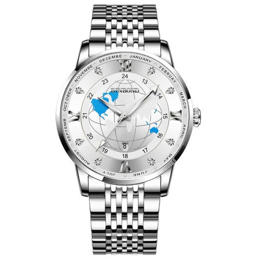 BINBOND B1117 30M Waterproof Earth Dial Butterfly Buckle Luminous Quartz Watch(White Steel-White) - Metal Strap Watches by BINBOND | Online Shopping UK | buy2fix