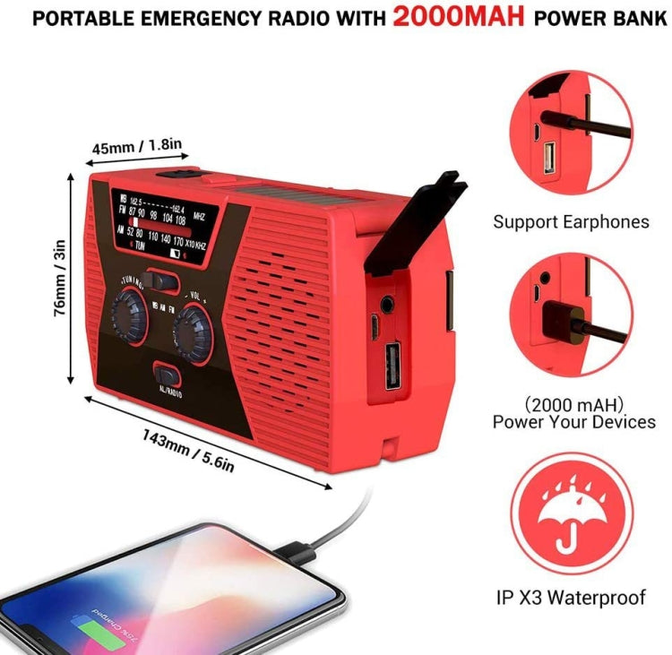 AM/FM/NoAA 2000mAh Emergency Radio Portable Hand Crank Solar Powered Radio(Orange) - Radio Player by buy2fix | Online Shopping UK | buy2fix