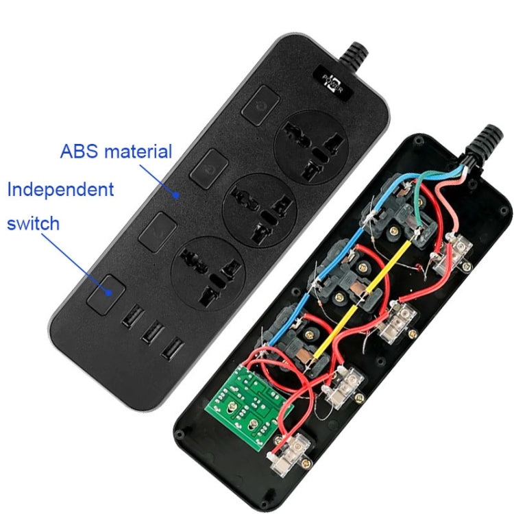 T14 2m 2500W 3 Plugs + 3-USB Ports Multifunctional Socket With Switch, Specification: UK Plug (Black) - Extension Socket by buy2fix | Online Shopping UK | buy2fix